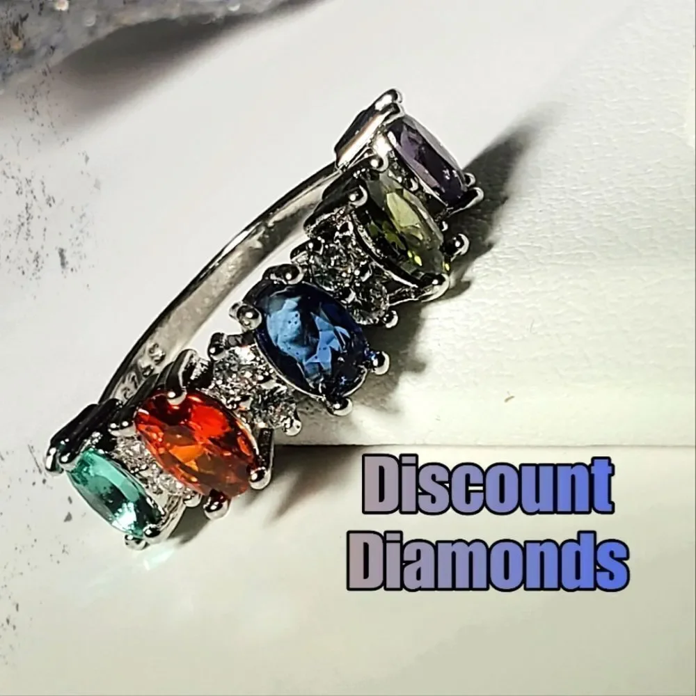 Multi Color Oval Cut Sapphire Cocktail Ring 14K White Gold on 925 Silver